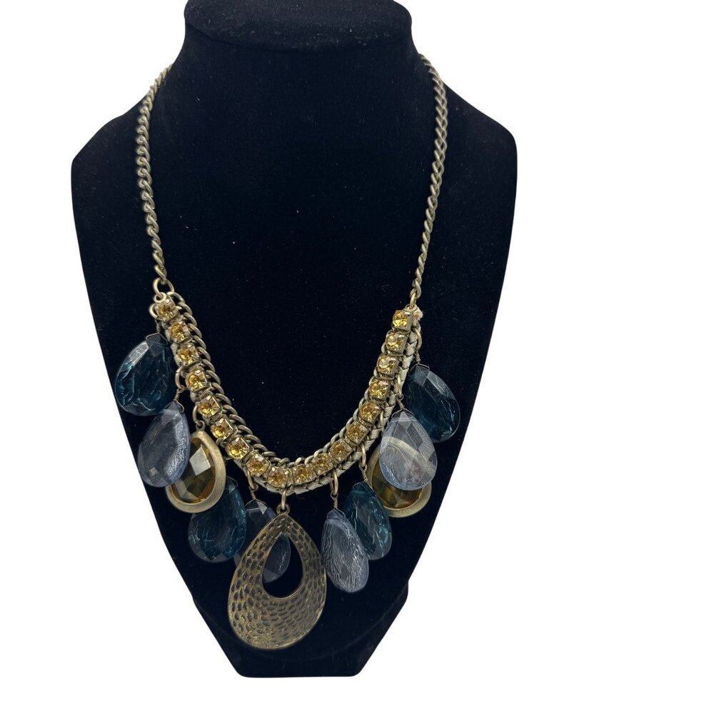Gold-Tone Loft Necklace W/ Blue & Clear Beads Yellow Accents & Teardrop Pendant